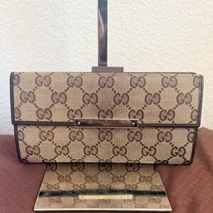Gucci Brown GG Canvas Continental Wallet w/Chocolate Brown Leather